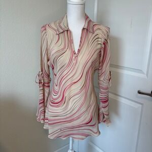 Y2K Violet & Claire Pink Psychedelic Swirl Bell Sleeve Blouse V-Neck Top Medium